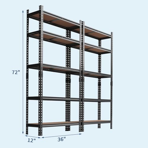 Image of Storage Shelves 5 Tier Garage Shelving Heavy Duty Adjustable Metal Shelving Unit, Garage Shelves for Basement, Warehouse, Pantry, Closet, Kitchen 72 inch H x 35.5 inch W x 12 inch D, Black,2 Pack