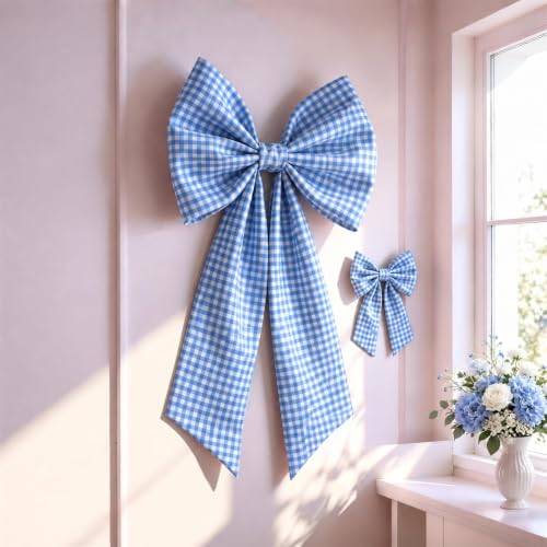 Vibzox Blue White Gingham Bow Decor 2 Pack, Large 24x36 & Small 10x16 Inch
