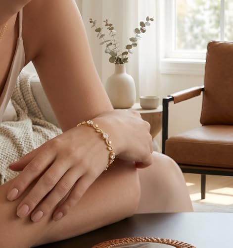 Image of Inites Fairy Bloom Floral Tulip Bracelet With White Clear Crystal Stones For Girls & Women | Elegant Anti Tarnish Golden Chain Link Floral Branches Bracelet Lightweight Jewelry For Daily Wear & Gifts