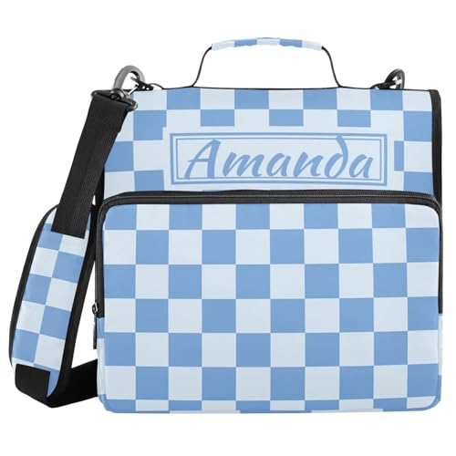 Image of Custom 3 Ring Zipper Binder Blue Checkered White Buffalo Plaid Personalized Name 1.5 inch Binders Large Capacity Multi Pockets for School Office Supplies