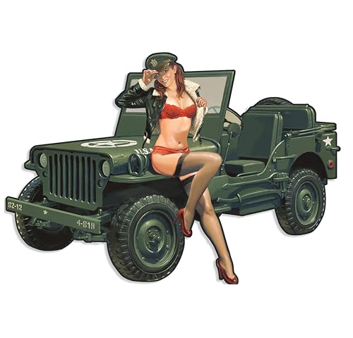 FÉENOMENN Plaque Métal Déco Vintage - EFFET RELIEF - Voiture Jeep Armée USA Femme Militaire (40x29cm)