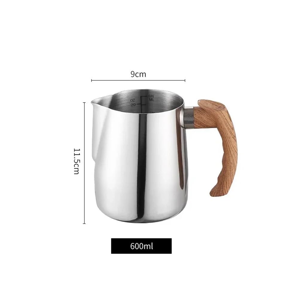Milchaufschäumkännchen aus Edelstahl, 600/900 ml, präzise Skala, Holzgriff, Latte-Kaffeetasse, Kaffeezubehör, Küche, Café, Zubehör (600 ml, Silber)