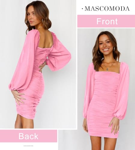 Image of MASCOMODA Women Elegant Square Neck Lantern Long Sleeve Mini Ruched Bodycon Dress Stretch Mesh Slim Party Cocktail Dresses