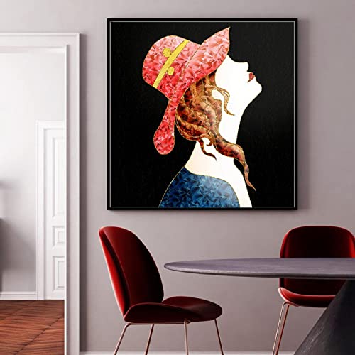 Peinture toile abstraite femme au chapeau brillant art mural haut de gamme