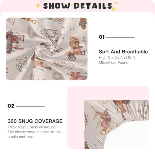 Image of Western Cowboy Pattern Crib Sheets Soft Breathable Fitted Baby Crib Sheets Mattress Cover for Girls Boys, 52 inch x 28 inch x 9 inch