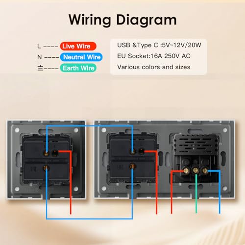 BSEED Lichtschalter mit Steckdose Schuko Unterputz Steckdose mit USB C 20W Schnellladeger&auml;t USB Type C 1 Fach 2 Wege Taste Schalter mit Glas Rahmen Wandsteckdose Geeignet f&uuml;r Phone, Pad-Wei&szlig;