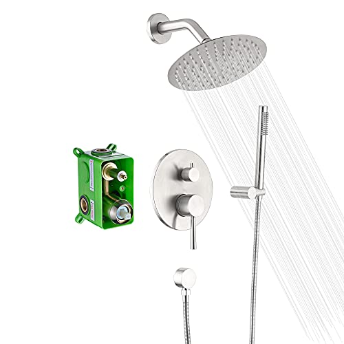 Image of SUMERAIN Wall Mounted Rainfall Shower System Brushed Nickel Shower Faucet Set with Handheld Sprayer and Valve