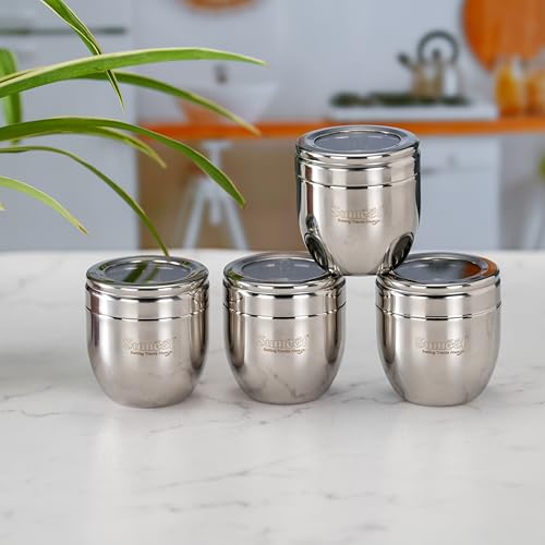 Image of Sumeet Stainless Steel Conical Shape Canisters /Dabba /Storage Containers for Kitchen with See Through Lid, Set of 4 Pcs, 250ml Each, 7cm Dia, Silver