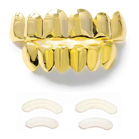 Gold Grillz 6 Teeth Mouth 24K Plated Gold Top & Bottom Grills Caps Set For Son + Extra Molding Bars + Microfiber Cloth Cover