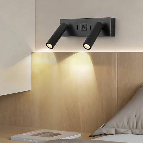 LED Wall Lamps with 2 Switches Wall Sconces with USB C+A Charging Ports Wall Lights 350° Rotating Reading Lights Bedside Lighting Fixture for Bedroom Living Room (Black,Warm Light)