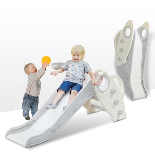 Kids Slide for Toddler Indoor Baby Plastic Slide Outdoor Climber Freestanding Playset with Basketball Hoop & Ring Game Grey by MOCUTEEN - Used condition - US$54.50