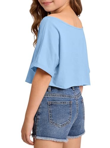 Image of Girls Off the Shoulder Tops Crop Short Sleeve Tees | Rolled Cuffs, Loose Fit, Crop Tops, Dance, Summer, Oversized, Trendy