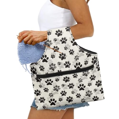 Image of KUIFORTI Knitting Yarn Bag Paw Print Knitting Bag Crochet Bag Organizer, Drawstring Yarn Project Bag, Yarn Tote for Crocheting Project, Store Skein Ball, Needles Accessories Large Size