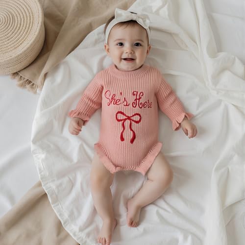 Baby Girl Fall Outfit Newborn Romper Knit Sweater She's Here Embroidery Long Sleeve Ruffle Bodysuit Sweatshirt 0-12M3