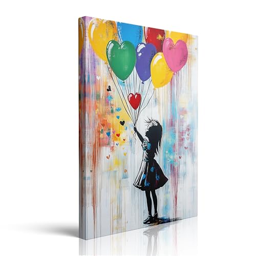 Silhouette Girl Heart Balloons Graffiti Canvas Wall Art Framed Print