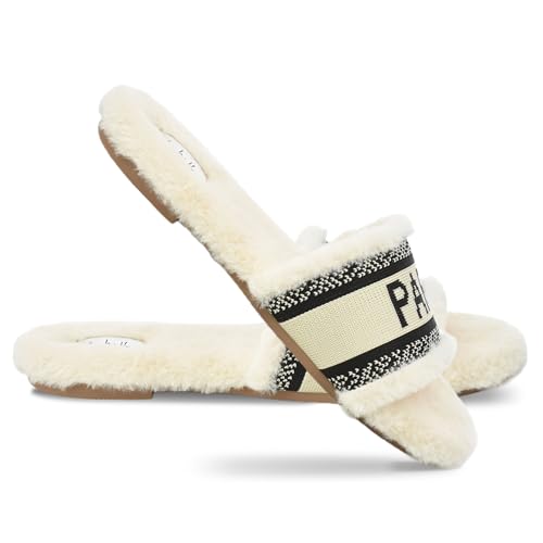 Nicole Miller Paris Flat Slide Slippers for Women, Chic Faux Fur Lined Sandals - Fashionable Women's Slippers Perfect for Indoor & Outdoor Use - Stylish Gifts for Women
