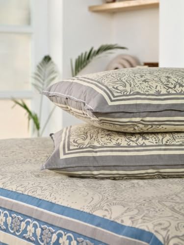 Image of Peepul Tree 100% Pure Cotton Jaipuri Handprinted Double Bedsheet Queen Size - 90 X 108 Inches with 2 Pillow Cover | 210 TC Breathable Fabric | Chintz Collection | Made in India, Beige and Navy