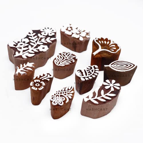 Image of Hashcart | Set of 10 | Wooden Multi Floral Designing Print Stamps for Scrapbooking | Blocks for Project Making | Henna | Kids & Art Project | Fabric Textile | Pottery Craft