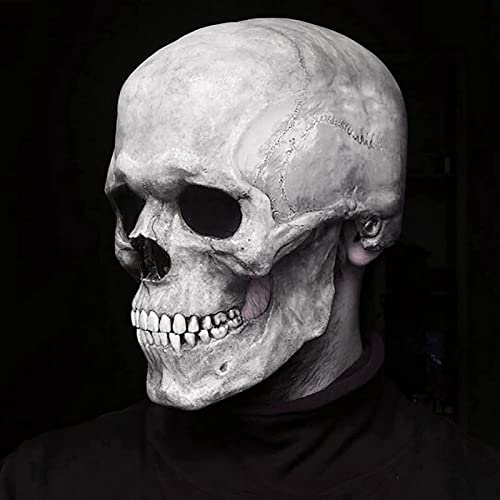 Gadluckki Full Head Halloween Skull Mask with Moving Jaw for Adult, Scary Realistic Skeleton Latex Helmet, Cosplay Party men Headgear (White)