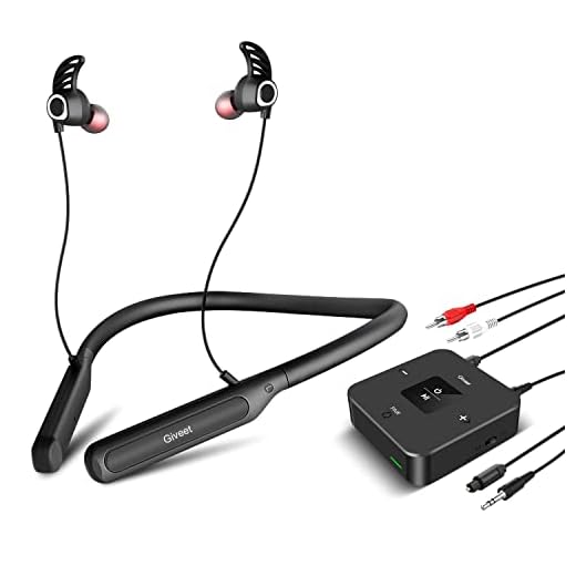 Giveet Wireless Headphones for TV Watching, 16Hrs Neckband Earbuds w/Bluetooth 5.0 Transmitter Adapter Set for Seniors, Support Optical Digital, RCA, 3.5mm AUX Ported TVs, Plug & Play, No Audio Delay