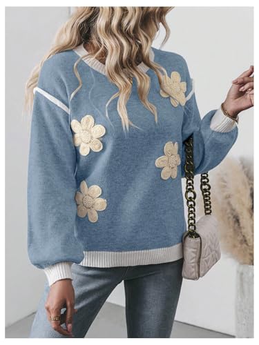 Image of RoseSeek Women's 3D Floral Appliques Crewneck Sweaters Long Sleeve Drop Shoulder Pullovers Elegant Knit Tops