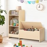 Curipeer Kids Bookshelf and Toy Storage Organizer with Reading Nook for Kids, 3-Tier Baby Nursery Bookshelf Bookcase with Bench and Storage Cabinet for Kid's Room, Nursery, Bedroom, Playroom (Natural)