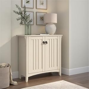 Bush furniture salinas small storage cabinet with doors and shelves in antique white 2 door accent chest for home office living room entryway  urban country home decor