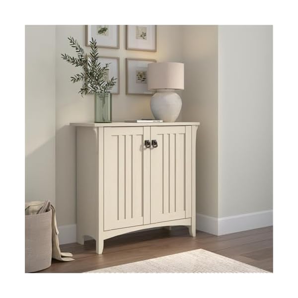 Bush furniture salinas small storage cabinet with doors and shelves in antique white 2 door accent chest for home office living room entryway  urban country home decor
