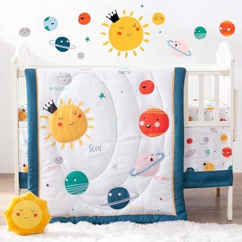 Bertte 4 Piece Crib Bedding Set for Boys Girls, Nursery Bedding Standard Size Soft Baby Bedding Crib Set Including Cartoon Quilt, Crib Skirt, Fitted Crib Sheet and Plush Toy (Planet) Cover