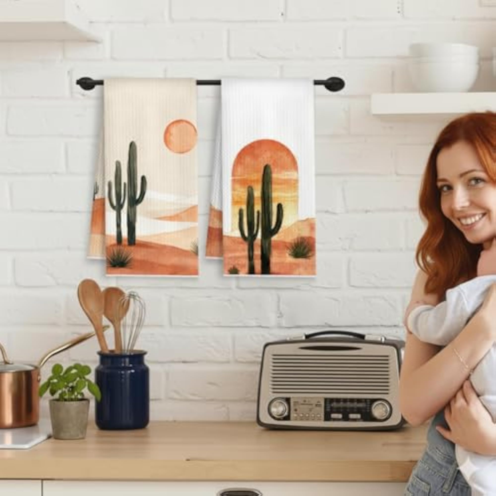 Boho Western Cactus Kitchen Towels, Abstract Sun Cactus Dish Towels