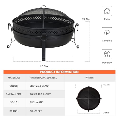 Image of SUNCREAT Outdoor Patio Fire Pit with Mesh Spark Screen, 40 inch Portable Fire Pit for Camping, Outside, Black
