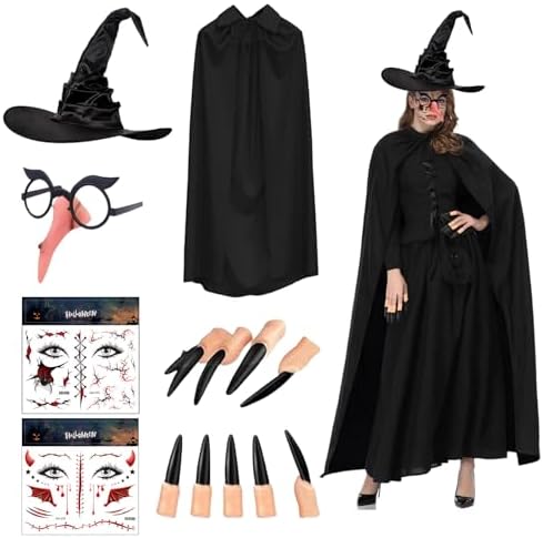 Ntwdby Halloween Hexenkostüm Damen, 6 Stück Set Kostüm Damen Hexe