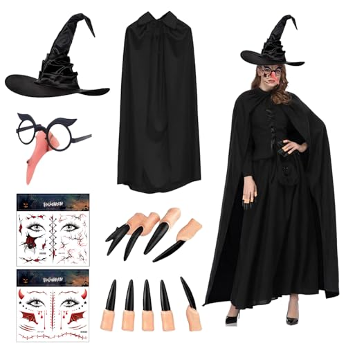 Ntwdby Déguisement Sorcière Femme, 6 Pièces Deguisement Sorciere Halloween pour Adultes, avec Chapeau et Cape Sorciere Femme, Kit de Costume Sorcieres, pour Halloween...
