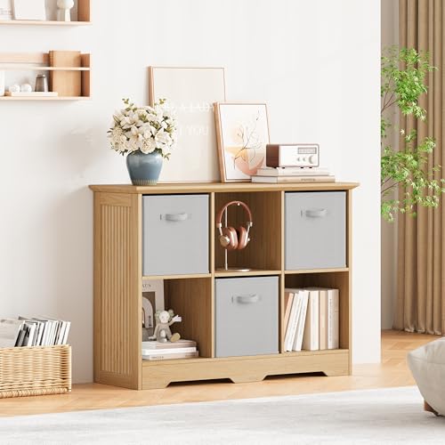 Image of 6 Cube Storage Organizer Shelf, Wood Cubby Storage with 3 Fabric Drawers, 2 Tier Wooden Bookshelf with 2 Adjustable Shelves & Fluted Side Panels for Bedroom, Living Room, Home Office, Wood
