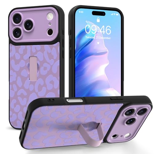 Jefonha Cute for iPhone 17 Pro Max Case with Strap Stand, Purple Leopard