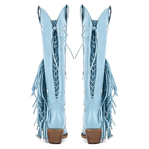 Image of richealnini Western Thigh High Cowboy Boots with Fringe Over Knee Wide Calf Cowgirl Boots