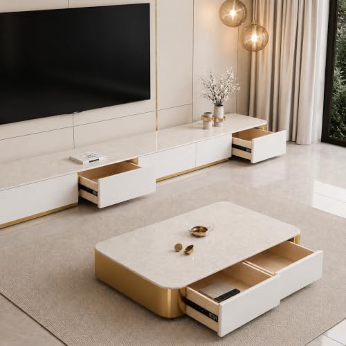 Image of WOODEN SPACE Jaguar Modern Marble Top Coffee Table with Storage | 47.24 Inch Rectangular Centre Table for Living Room | High Gloss Finish (Golden White)