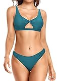 SHEKINI Damen Bikini Set Mode Niedriger Kragen Cut Out Rückenfrei Bikini Oberteil Zweiteiliger Badeanzug Triangle Niedrige Taille Bikinihose Strandbikini(Dunkelgrün, XL)