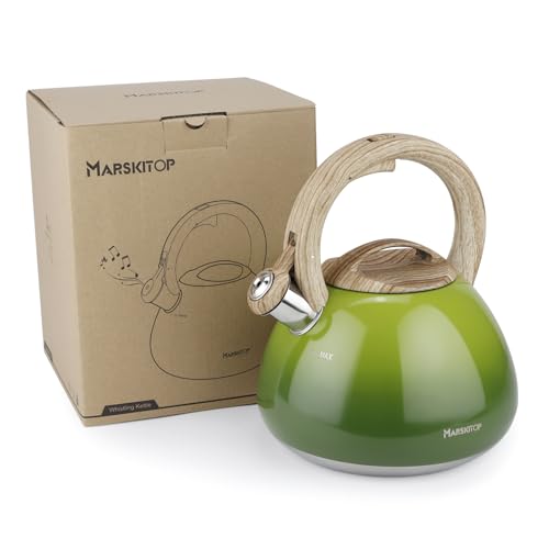 MARSKITOP Whistling Tea Kettle for Stove Top, 2.6 Quart Teapot for Stovetop, Stainless Steel Tea Pot for Stove with Wood Pattern Handle, Light Green