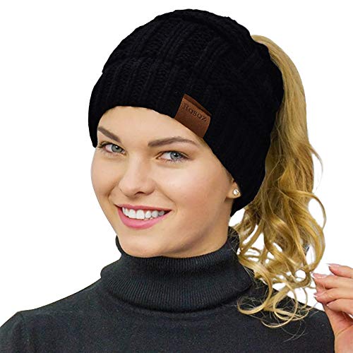 Rosoz Ponytail Beanie for Women,Winter Warm Beanie Tail Soft Stretch Cable Knit Messy