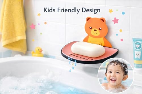 Image of Wall Mounted Self Adhesive Soap Dish with Drain | Plastic Soap Holder for Bathroom, Kitchen Sink & Wash Basin | Kids Friendly Bear Design (Pack of 2, Semi Circle Soap Dish)