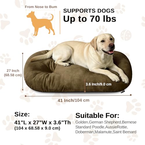 Image of Washable Oval Dog Bed for X-Large Dogs, Silver-Tipped High-Resilience,Brown