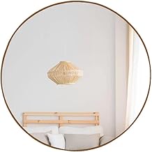 Espelho Decorativo Modelo Bolinha 40 cm Redondo Com Borda em Couro (Caramelo)