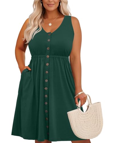 Image of Holipick Women's Plus Size Summer Dresses for Women Casual Dress with Pockets A-Line Swing Button Down Sleeveless V Neck