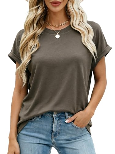 Image of Dressmine Going Out Tops for Women UK Cap Sleeve T Shirts Casual Crew Neck Tee Blouse 2026 Basic Tops Tunic Coffee Grey Size 8
