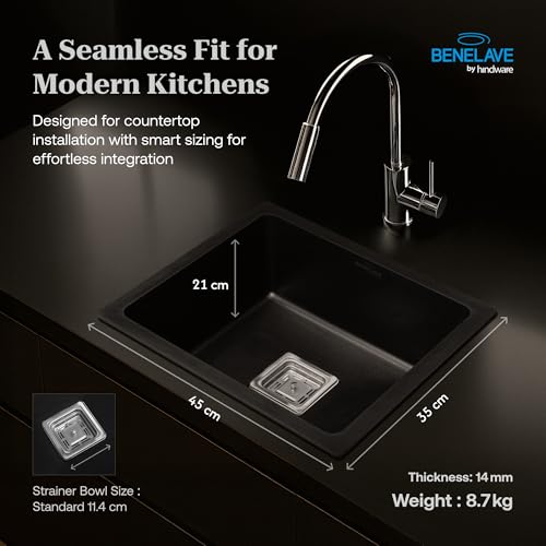 Image of Benelave by Hindware BLACP91008 Quartz Sink 18x16x8 for Kitchen | Single Bowl | Black Color | Better Sound Absorption for Quieter Use | 7-year Manufacturer Warranty