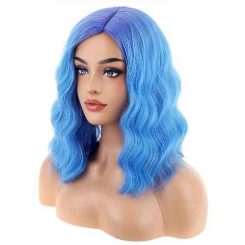 Image of BERON Blue Short Wavy Wig for Women Purple Ombre Blue Shoulder Length Curly Side Part Heat Resistant Synthetic Wigs Halloween Cosplay Costume Party Wig