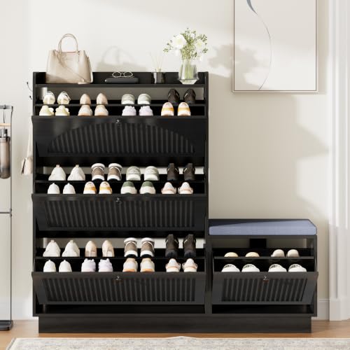 Image of Shoe Storage Cabinet with 2 Flip Drawers, Shoe Organizer Storage with Bench
