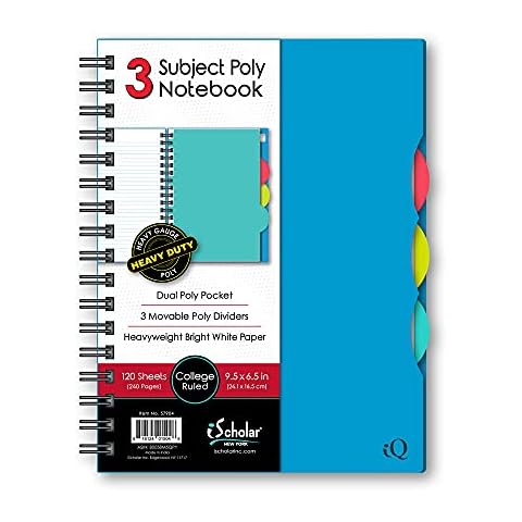 iScholar iQ 3 Subject Poly Cover Double Wire Notebook, College Rule, 9.5 x 6.5 Inches, 120 Sheets, Color May Vary (57904) Cover