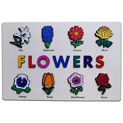 HANGWWZQ Wooden Puzzles Flowers Lily Hyacinth Cosmo Mum Pansy Windflower Tulip Rose Blocks Creative Early Learning Jigsaw Toys Preschool Educational Puzzle Board 11.8 x 7.9 inch Cover